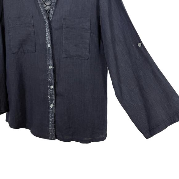 PIAZZA ROMA Sz Medium Made in ITALY Blue 100% LINEN Blouse Shirt Top Nautical - Picture 5 of 8